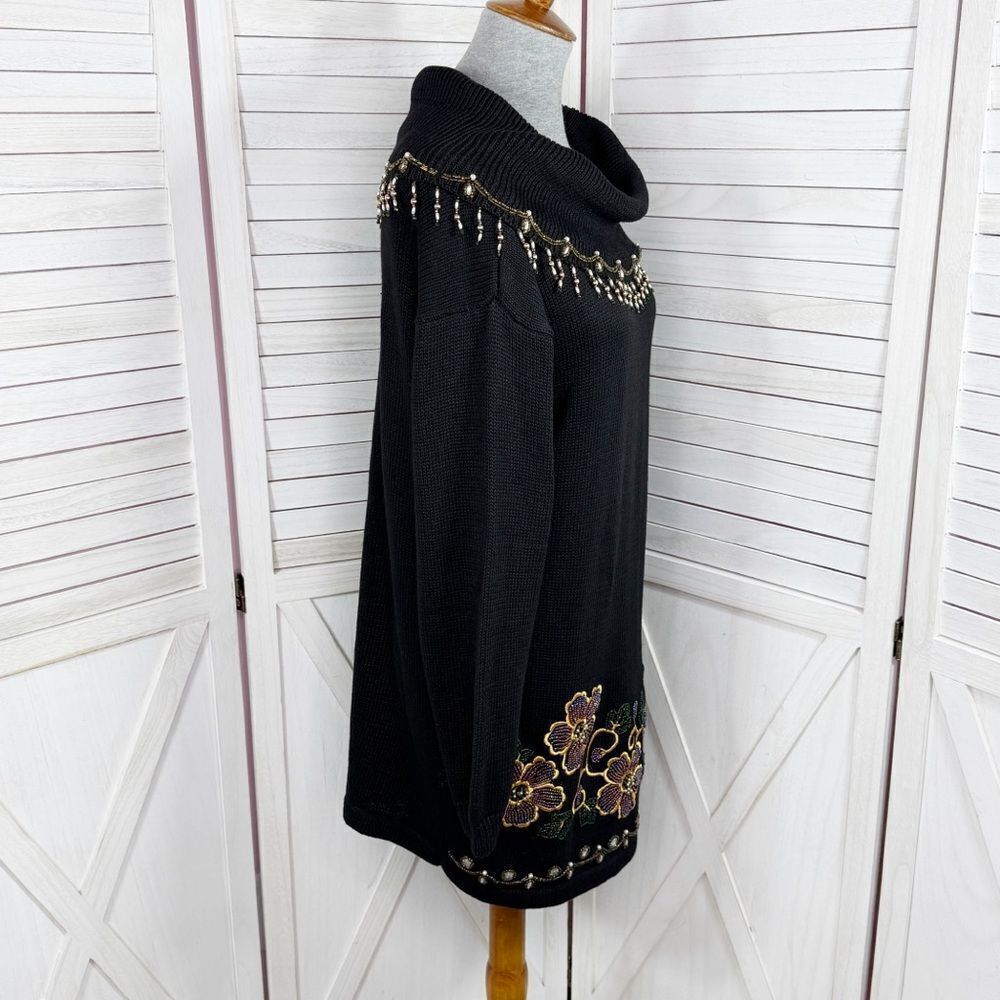 Vintage Victoria Jones 90s Floral Beaded Cowl Neck Tunic Sweater Black Medium - Picture 3 of 11